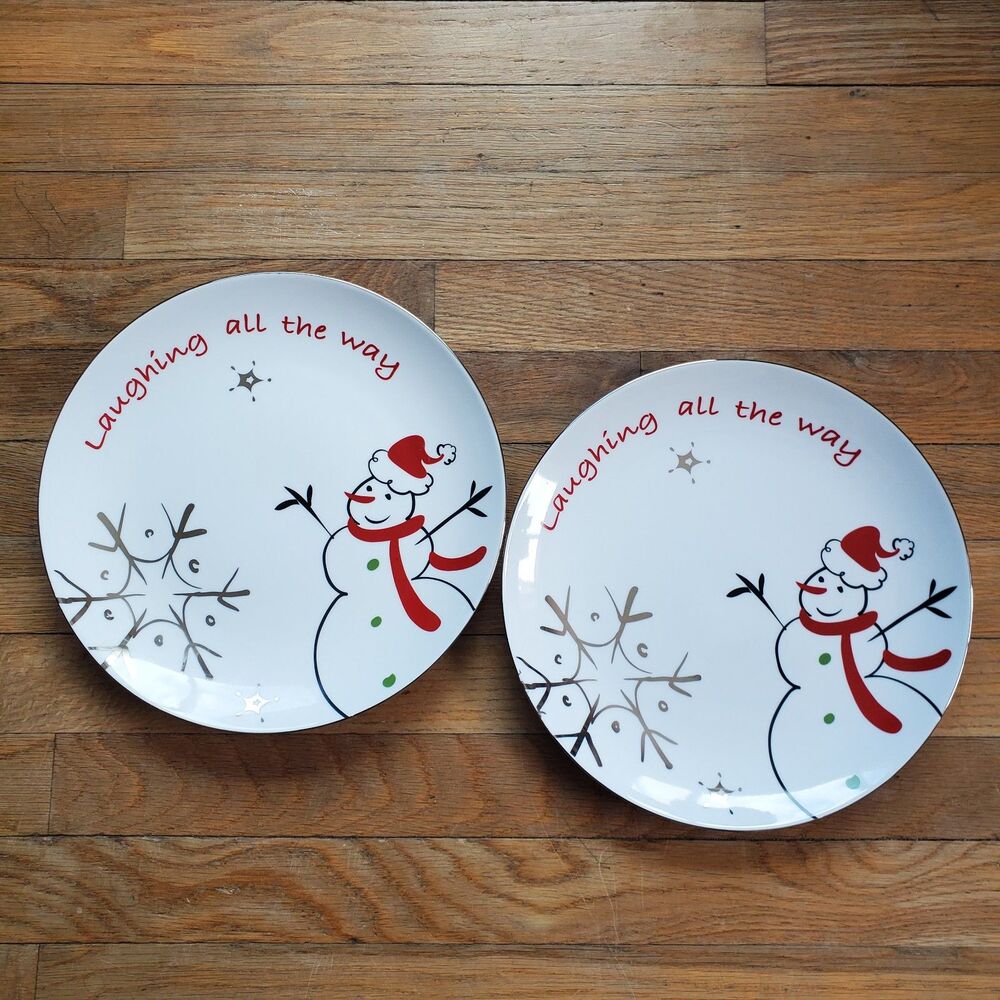 Snowman plates laughing all the way snowflake winter Christmas set of two
